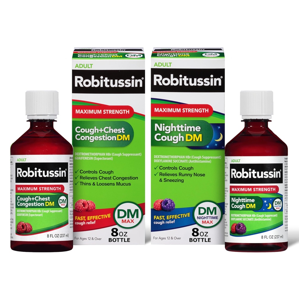 Robitussin DM Max Cough Plus Borstcongestie en Robitussin Maximale sterkte Nacht Hoest DM, Volwassen Formules - 2 x 8 Fl Oz flessen