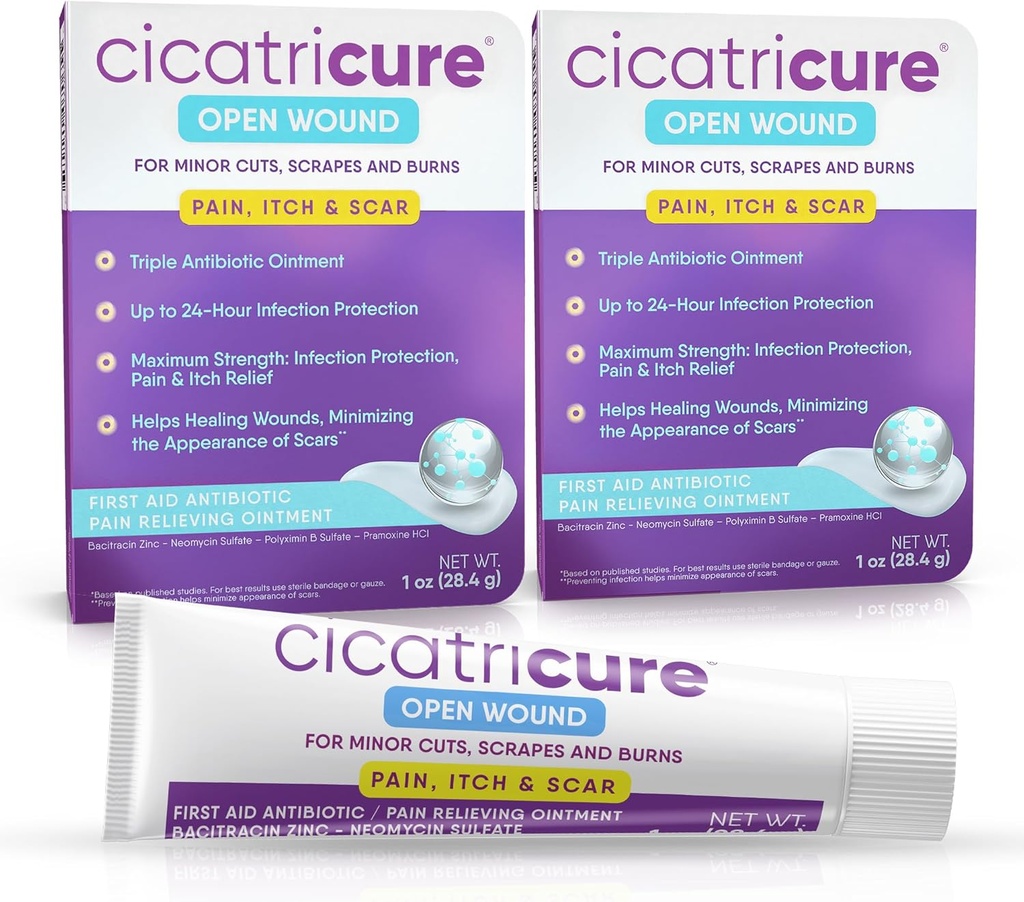 Cicatricure Triple Antibiotische Zalf met pijnverlichting, Bacitracin Antibiotische Zalf & Crème voor wondverzorging, Genezing Zalf voor snijwonden, brandwonden, Insectbijten, eerste hulp Essentiële, 1 oz