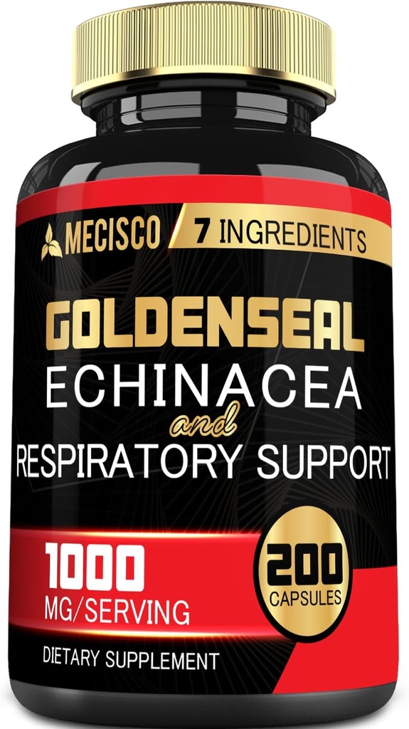 Goldenseal Root Capsule Organisch met Echinacea, Mullein Leaf, Plantain & More - 7 Premium Kruiden ondersteunt Immune System, Digestieve Gezondheid, Glad ademen en Lichaamsbeheer - 200 Capsules
