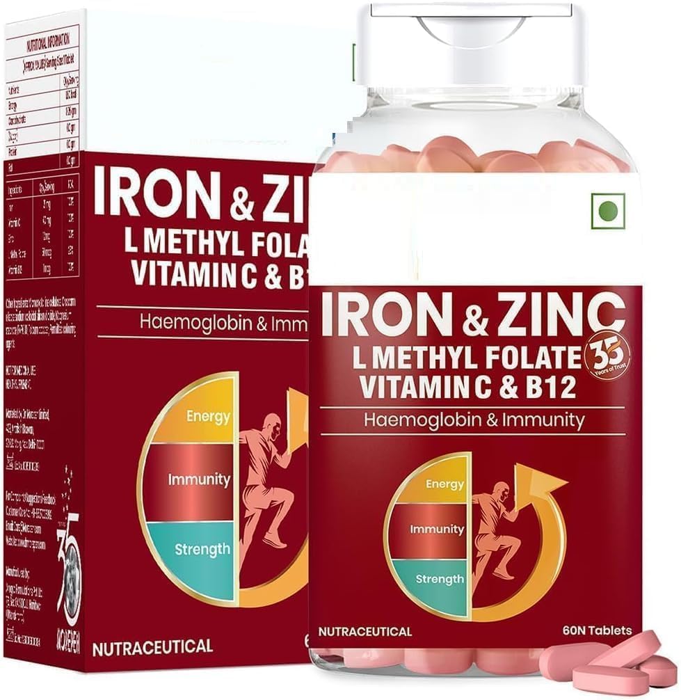 Iron & Zinc Tablets Enriched with Vitamin C & B12 | Immunity & Haemoglobin Booster | Increases HB Level + Promotes Healthy Iron Levels | Reduces Fatigue, Improve Respiratory Health & Energy | 60 T