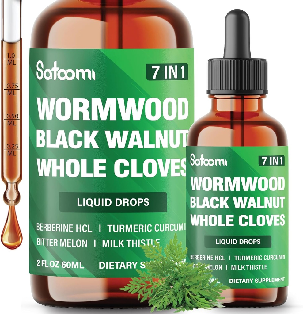 Satoomi 7in1 Wormwood Liquid Drops met zwarte walnoot, Whole Cloves, Berberine, Milk Thistle, Bitter Melon en Turmeric - 60ml gedurende 60 dagen