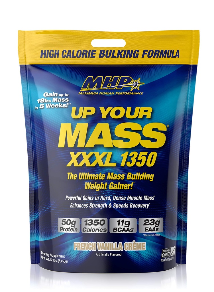 Performance humaine maximale MHP UYM XXXL 1350 Mass Building Gainer de poids, Gains de masse musculaire, w/50g Protéines, Calories élevées, 11g BCAAs, Leucine, Française Vanilla Creme, 16 portions