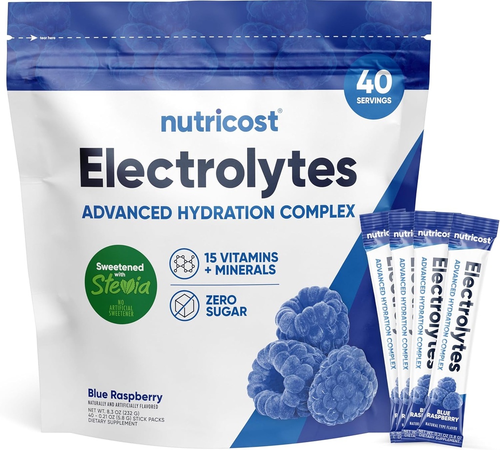 Électrolytes Nutricost Packs d'hydratation en poudre (framboise bleue, 40 portions) Électrolytes à faible teneur en calories sucrés avec Stevia - sans OGM, sans gluten et sans sucre