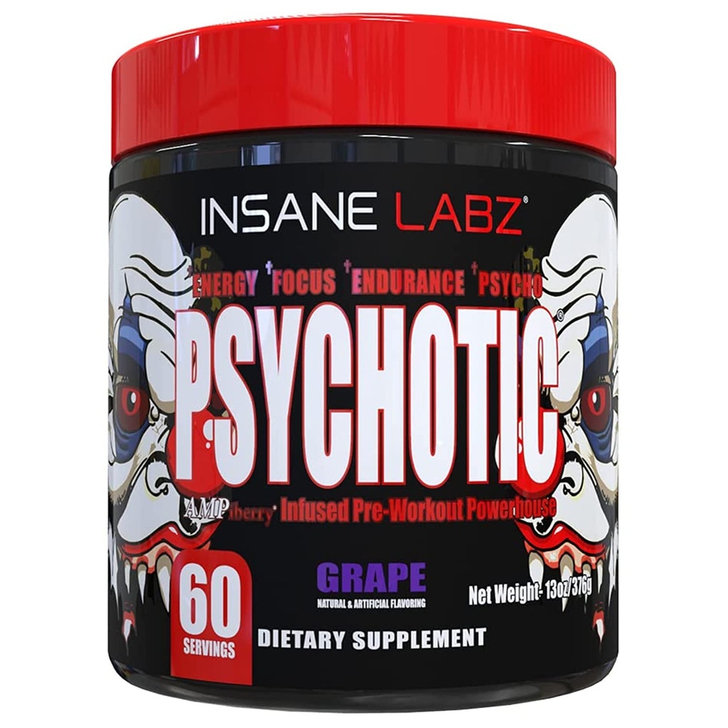 Insane Labz Psychotisch, High Stimulant Pre Workout Powder, Extreme Lasting Energy, Focus and Endurance met Beta Alanine, Creatine Monohydraat, DMAE, 60 Srvgs, Druiven