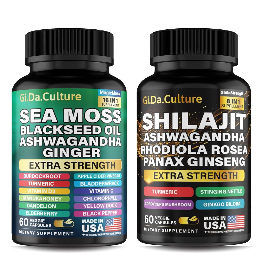 Shilajit et la mousse de mer Combo - Moss et le bundle Shilajit avec Ashwagandha, Graines noires, Turmeric, Bladderwrack, Burdock, Poivre noir avec des vitamines et des antioxydants - 120 Capsules de Véggie