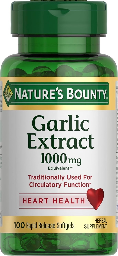 NatureS Bounty Extrait d'ail, supplément à base de plantes, soutient la fonction circulatoire, 1000mg, 100 softgels à libération rapide