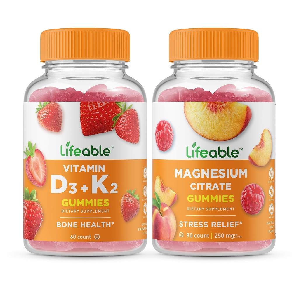 Levensvatbare Vitamine D3 + Vitamine K2 + Magnesium 85mg, Gummies Bundle - Grote Proeverij, Vitamine Supplement, Glutenvrij, GGO-vrij, Kauwgom
