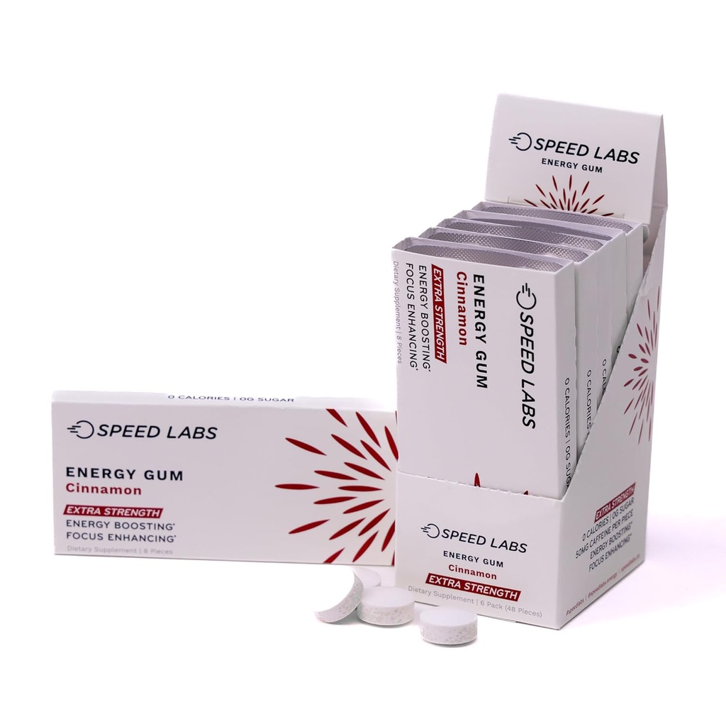 Speed Labs Kaneel Extra sterkte Cafeïne Kauwgom 50mg Cafeïne, Taurine, & B Vitaminen per stuk, 48 stuks (6 verpakkingen van 8 stuks) Suikervrij, Zero Calorie, Geen Aspartaam, Glutenvrij