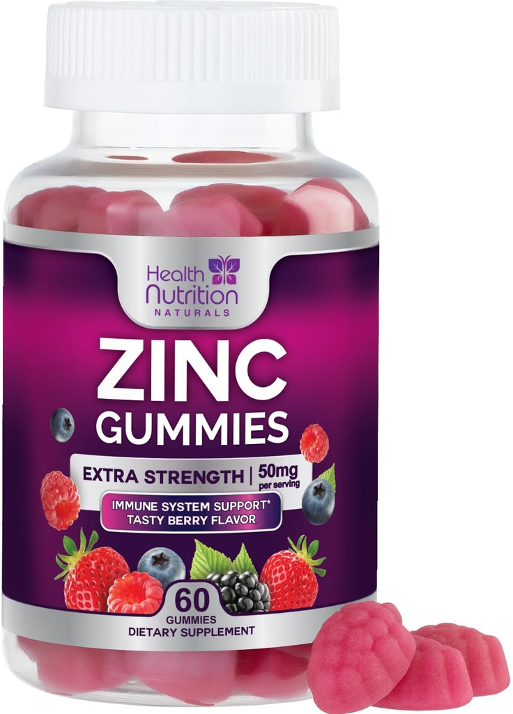 Zinksupplementen 50mg Gummies - Max Strength Skin Health & Immune Support Gummy, Vegan, Non-GMO en Glutenvrij - Beste Zink Supplement Antioxidant & Bone Health Kauwbare smaak van smakelijke bes - 60 Gummies