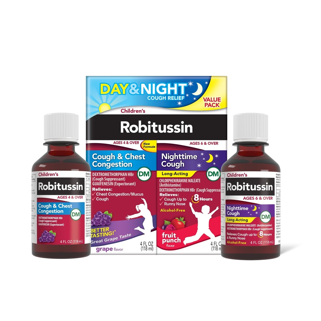 Kinder Robitussin DM Dag en Nacht Hoest Verlossing Waarde Pack, Hoest Geneeskunde, Grape/Fruit Punch Flavor - 4 Fl Oz x 2