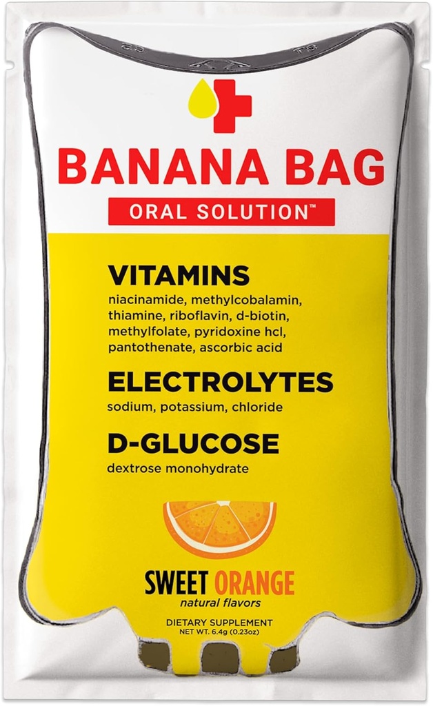 Sachet de banane Oral Solution Packets - I.V. Alternative - Sweet Orange 30pk:Medbox Pharmaciste-formulé pour stimuler l'énergie rapide, la réhydratation et le bien-être. Electrolytes + vitamine C + complexe B fort