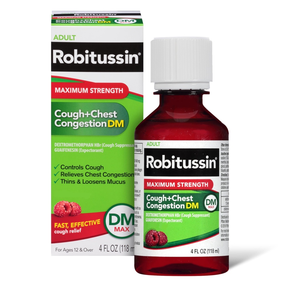 Robitussin volwassen maximale sterkte Hoest + borstcongestie DM Max (4 fl. oz. fles), Cough Suppressant & Expectorant, Framboos smaak