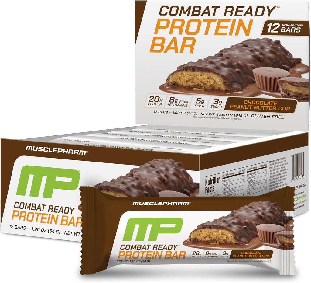 MusclePharm Combat Sport Bar, Chocolate Peanut Butter Cup, High Protein Bars, Combat Cravings, Fuel Performance & Meet Energy Eists, 20g Proteïne van Whey Protein, 5g Fiber, Glutenvrij, 12 Bars
