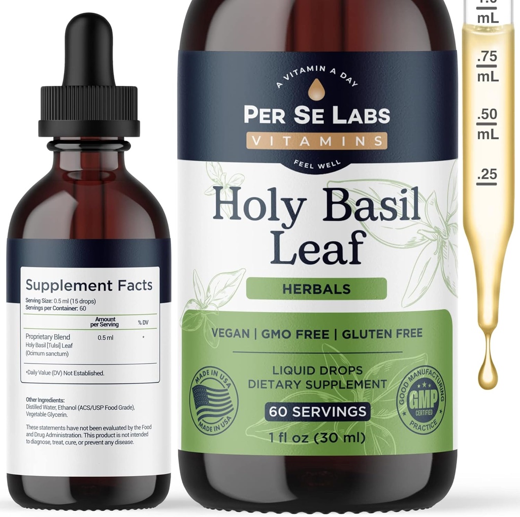 Biologische Holy Basil Leaf Liquid Drops 2 maanden aanbod - Immune Support, Brain & Focus Booster, Adaptogen