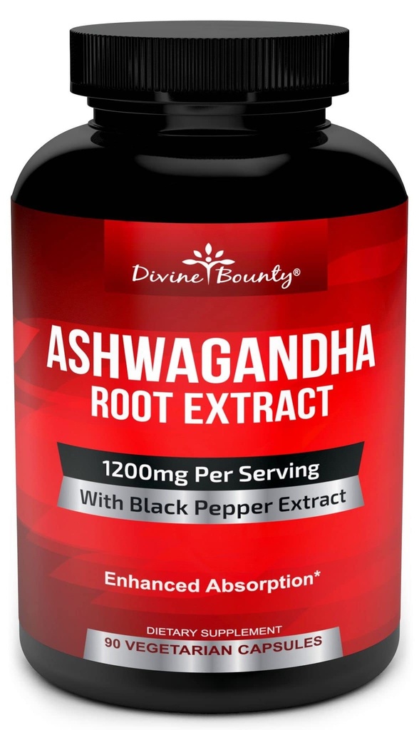 Divine Bounty Biologische Ashwagandha Capsules - 1200mg Ashwagandha Poeder met zwarte peper voor verbeterde absorptie - Ashwaganda Supplement voor kalmte & Mood Ondersteuning - 90 Veggie Capsules