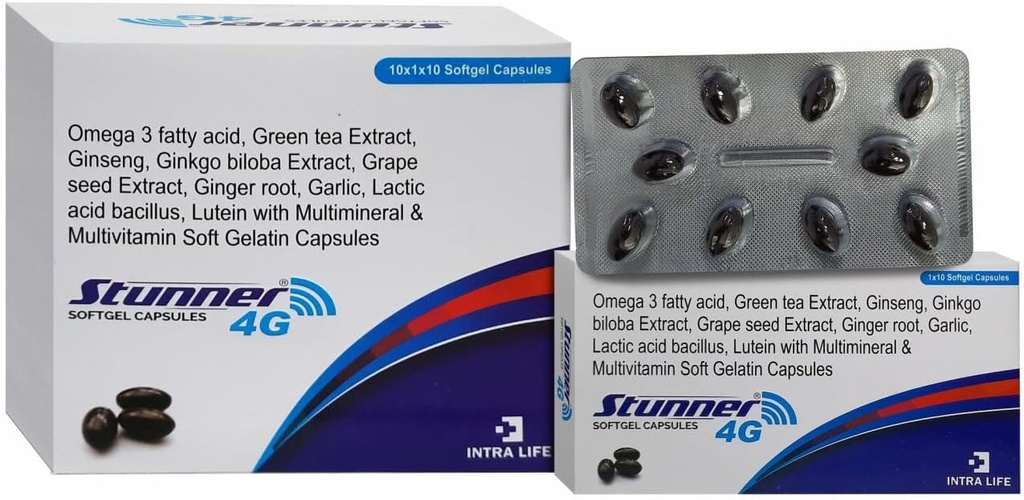 STUNNER-4G SOFTGEL CAPS inseng Extract Poeder 42,5mg + Tarwekiemolie 25mg + Citrus Bioflavonoïden 20mg + Druivenzaadextract 15mg + Natuurlijke Gemengde Carotenoïden (10% Dispersie)11.33mg + Groene theeextract