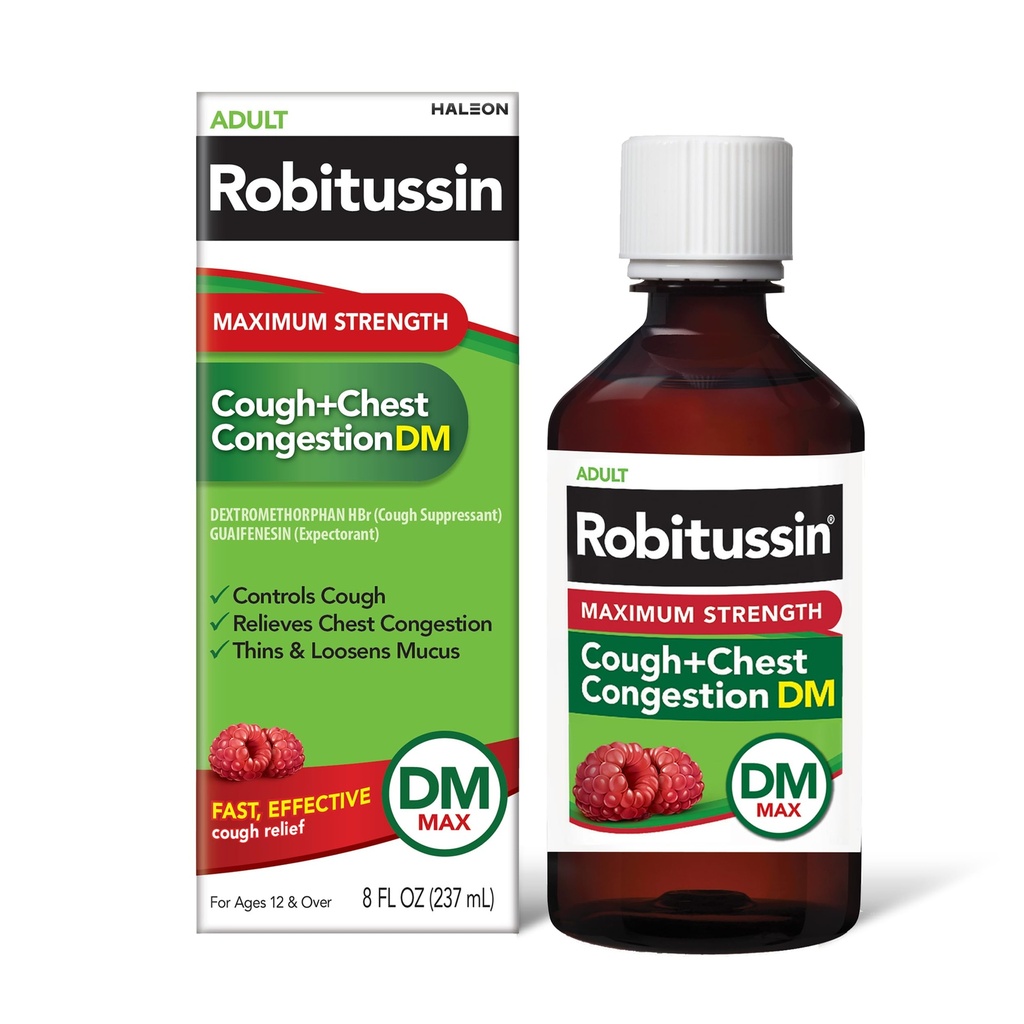 Robitussin volwassen maximale sterkte Hoest + borstcongestie DM Max (8 fl. oz. fles), Cough Suppressant & Expectorant, Framboos smaak