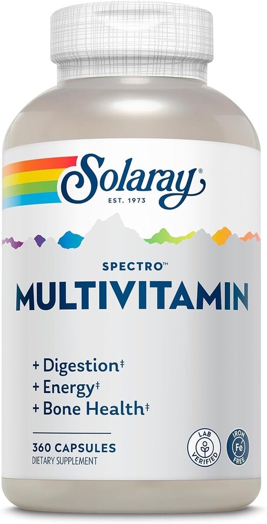 Solariay Spectro Multivitamine, sans fer - Multivitamine avec/Calcium, Magnésium, Verts énergisants, Enzymes digestifs - Digestion, Énergie cellulaire, Santé des os, Soutien immunitaire, 60 portions, 360 capsules