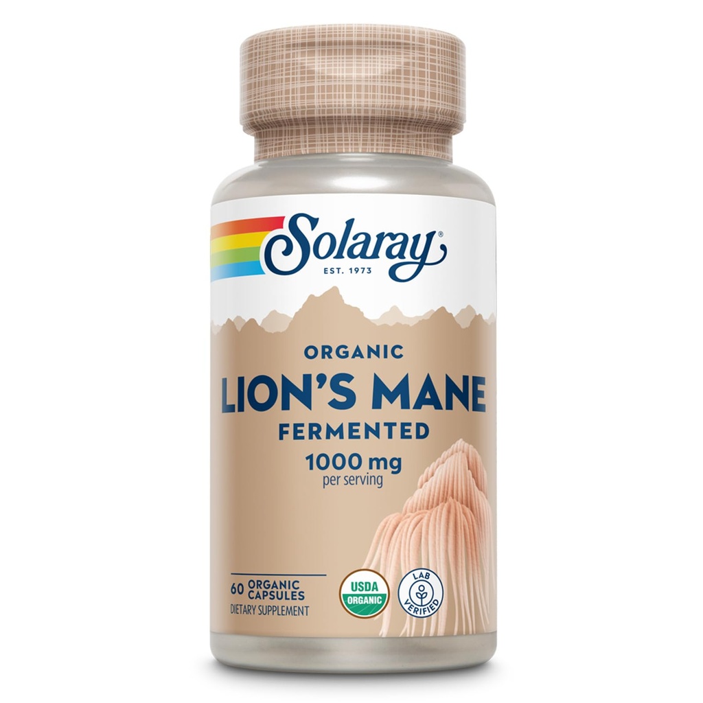 SOLARAY Organic Lions Mane Supplement Capsules - Het verstrekken van 1000 mg Lion's Mane Organic Paddestoelen, Gefermenteerd voor verbeterde absorptie - Vegan, 60-dagen garantie, Lab geverifieerd, 30 porties, 60 VegCaps