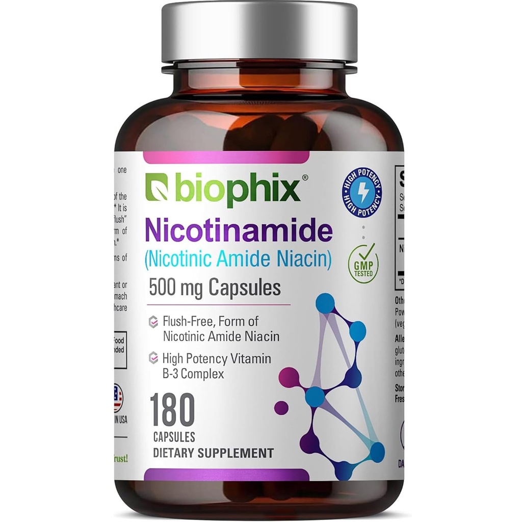 biophix B-3 Nicotinamide 500 mg 180 Caps - Nicotinic Amide Niacin Natural Flush-Free Vitamine Formula - Ondersteunt huidcelgezondheid