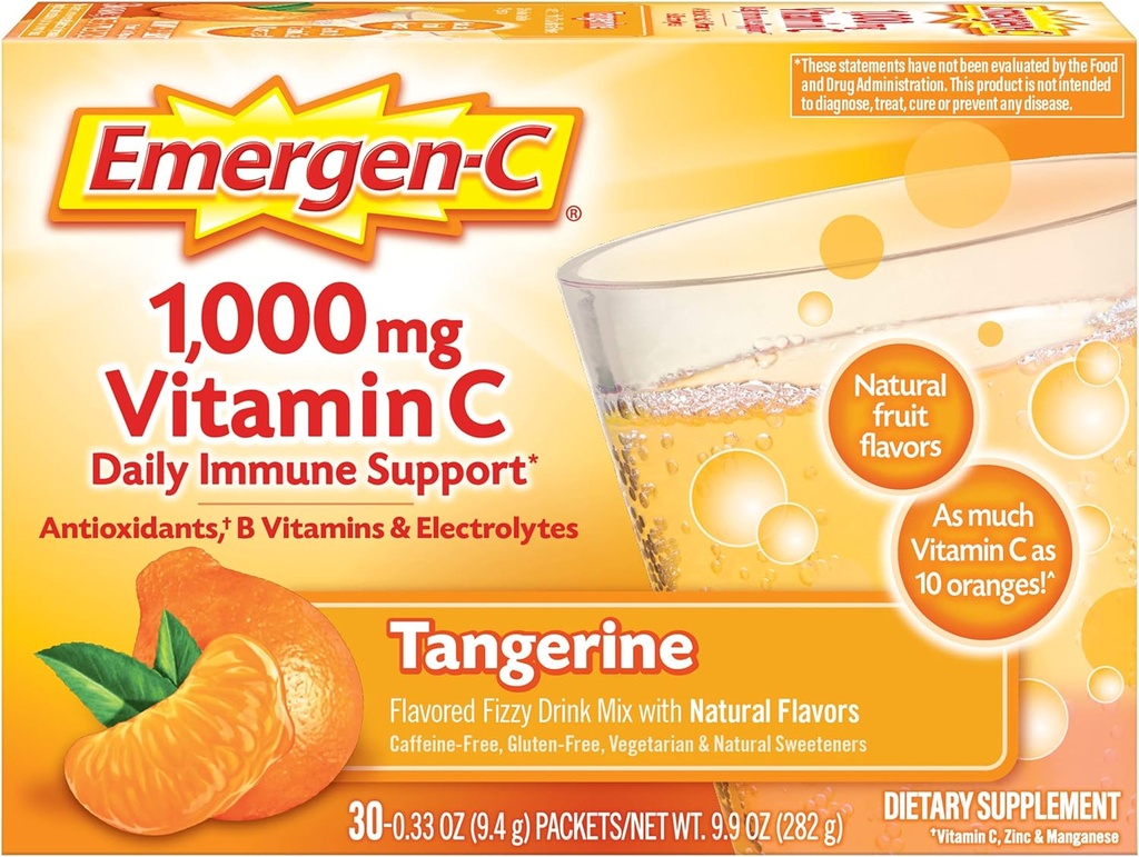 Emergen-C 1000mg vitamine C poeder, met antioxidanten, B vitamines en elektrolyten, vitamine C supplementen voor Immune Ondersteuning, Cafeïnevrije Fizzy Drink Mix, Tangerine smaak - 30 Tellen