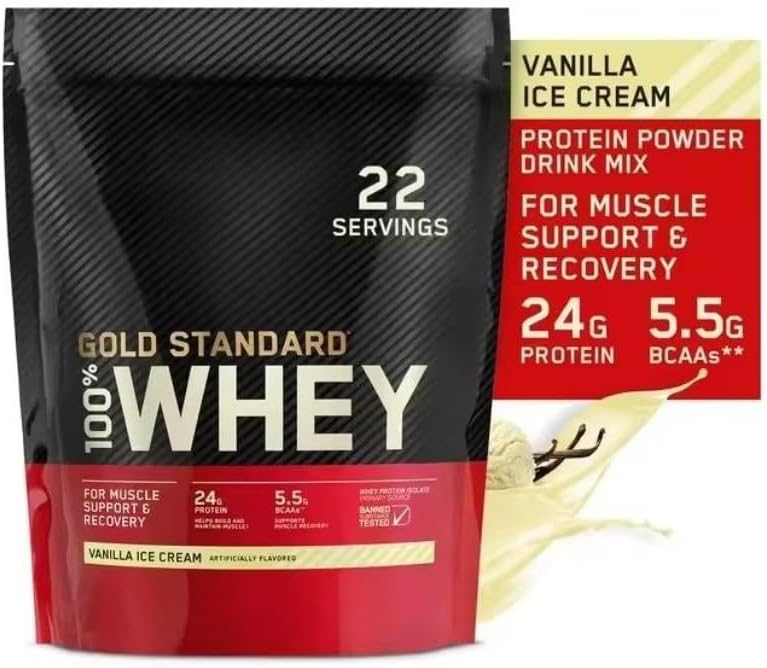 Whey Protein Powder Whey Isolate Gluten-Free 100% Protein Powder Sports Fitness Gold Standard 100% Gold Standard whey Protein 22 Servings-24 G Protein-5.5 G BCAA Vanilla Ice Cream
