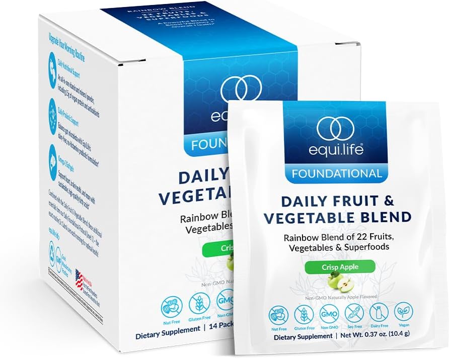Equilife mélange quotidien de fruits et légumes, supplément antioxydant super-alimentaire, goût de pomme de Crisp avec vitamine C, fibre et 9 acides aminés essentiels, soutient l'énergie, végétalien, 14 paquets à usage unique