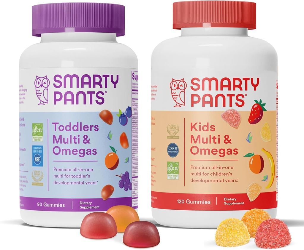 SmartyBants Peuter en kinderen Multivitamine Gummies Bundel: Omega 3 Visolie (EPA/DHA), Vitamine D3, C, Vitamine B12, B6, A, K & Zink, Biotine, Glutenvrij, Drie Fruitsmaken (30 dagen levering)