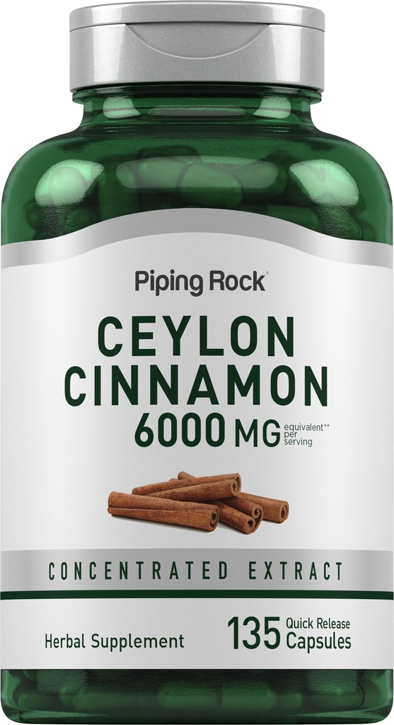 Piping Rock Ceylan Capsules de cannelle 6000mg , 135 Count , Supplément concentré d'extrait de plantes , pour les hommes et les femmes , sans OGM , sans gluten