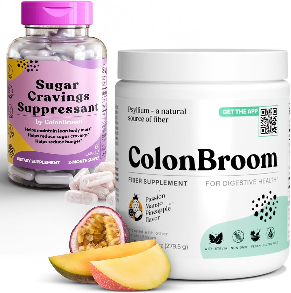 ColonBroom Psyllium Husk Powder Sugar Craving Suppressant - Chromium Picolinaat 200mcg, 2 Items - Colon Cleanser Fiber Supplement (50 Servings) + Sugar Craving Suppressant (60 Servings)