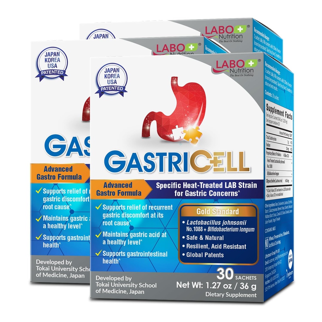 LABO Nutrition GASTRICELL - Reflux acide, brûlures d'estomac, malaise gastrique récurrent, défense naturelle contre la détresse gastrique 30 sachets x3
