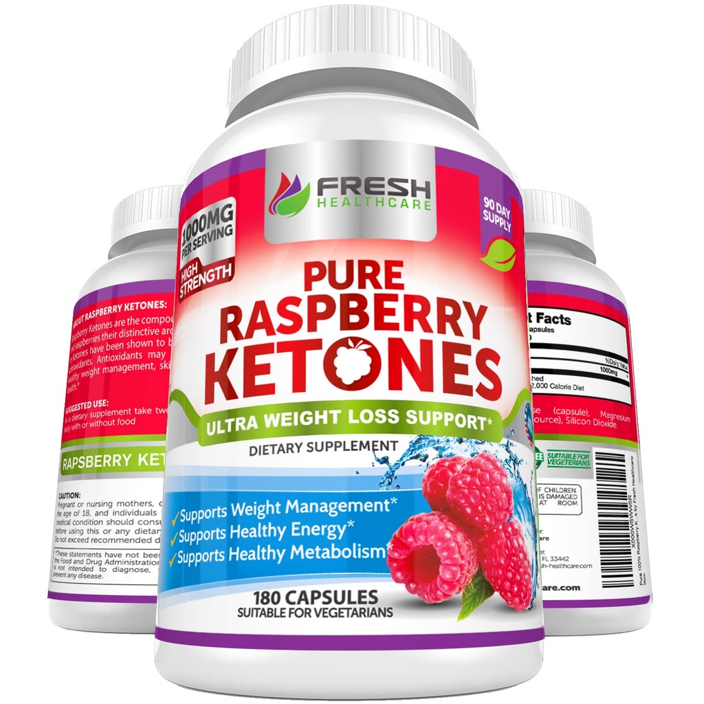 FRESHEALTHCARE Pure 100% Raspberry Ketones Max 1000mg per portie - 3 maanden levering Niet GGO - Geavanceerde gewichtsverlies ondersteuning - 180 capsules