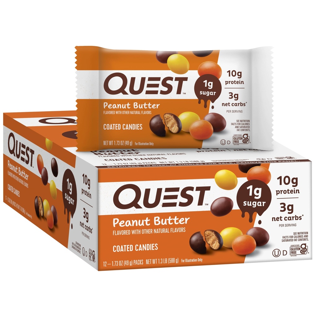Quest Nutrition Coated Candies, Peanut Butter, 1g Sugar, 10g Proteïne, 4g Net Carbs, Glutenvrij, Keto Vriendelijk, 12 Tellen