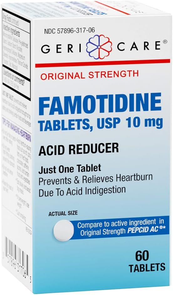 GeriCare Regular Strength Famotidine 10 mg tabletten, zuurreducer, verlichting voor brandend maagzuur, zuurreflux en zuur indigestie, 60 telling (verpakking van 1)