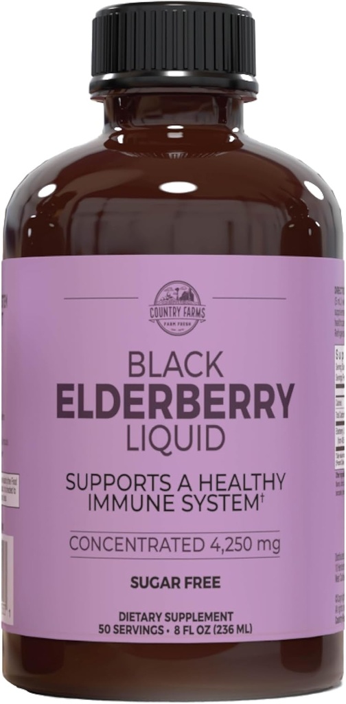 Country Farms Elderberry Liquid, soutient un système immunitaire sain, riche en antioxydants, sans sucre, saveur de baie, 8 Fl Oz