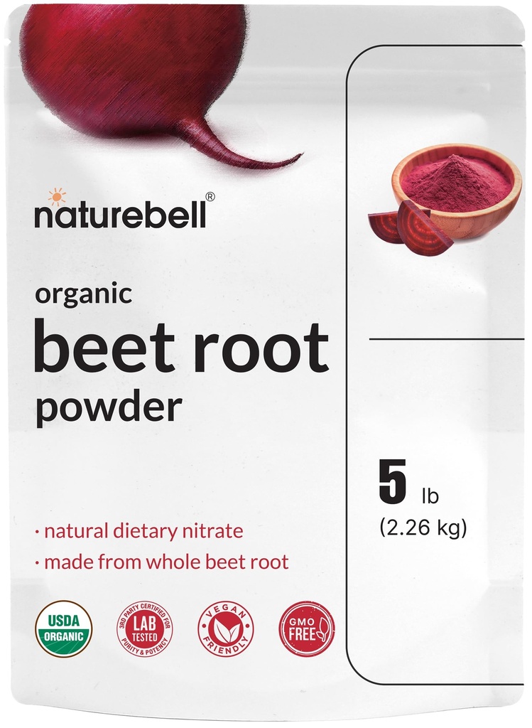 NatureBell en poudre de racine de betterave biologique 5Lbs - 4 000mg par portion – Source concentrée de racine de betterave entière – Nitrates diététiques élevés – suppléments de superaliments bruts – Idéal pour les smoothies et les shakes végétaliens – non-OGM