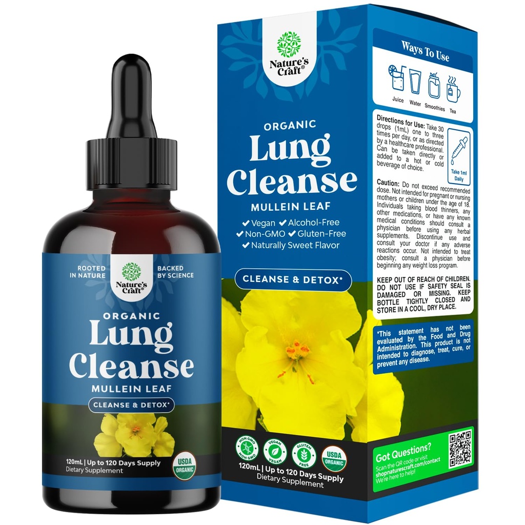 USDA Biologische Mullein Drops for Longs - Herbal Lung Detox & Cleanse with Marshmallow Root Extract & Plantain Leaf for Respiratory Lung Health - Mullein Leaf Tinctuur Drops for Breathing Support - 120ml