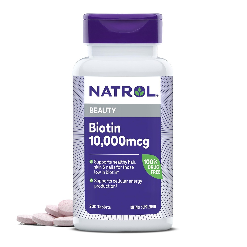 Natrol Biotin 10000mcg, Supplement voor gezond haar, huid en nagels voor degenen die laag in Biotine, Plus energie Metabolisme ondersteuning, 200 tabletten, Tot een 200 dagen levering