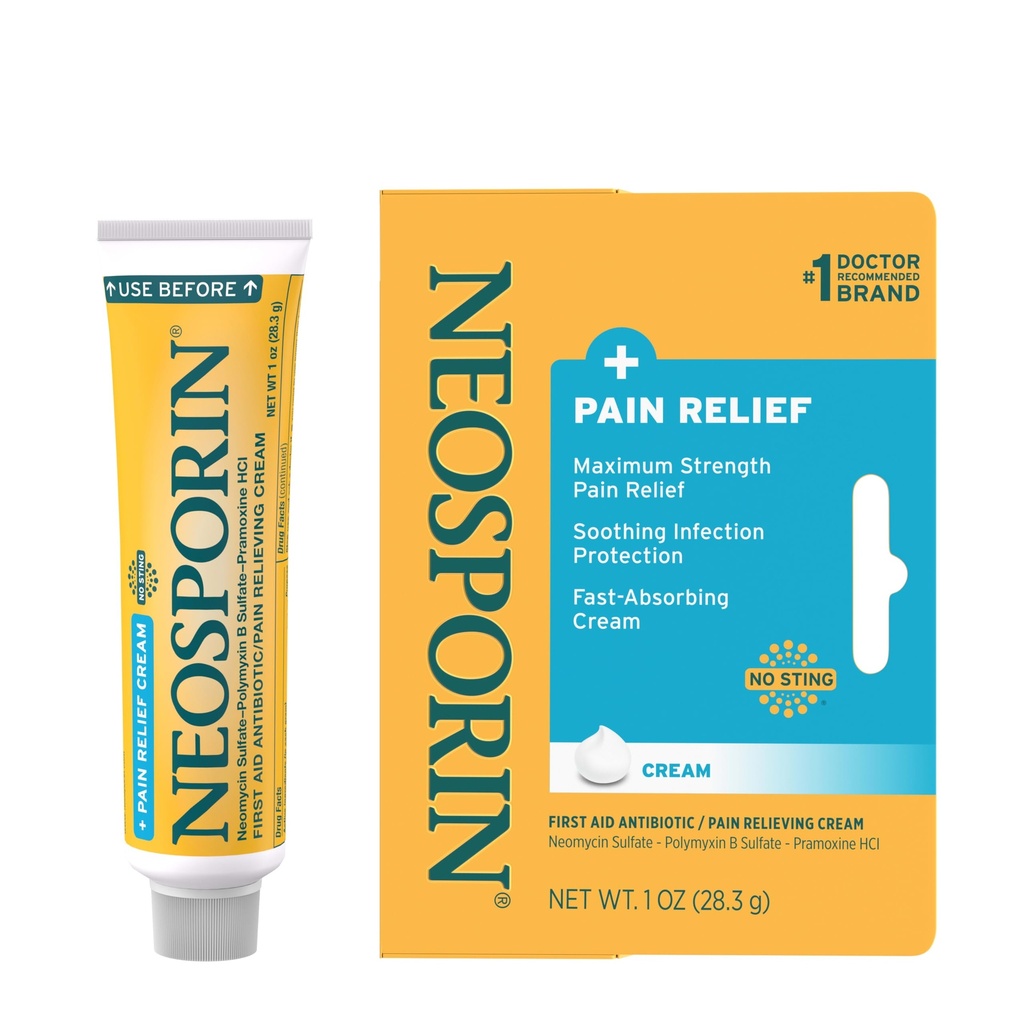 Neoclosporine + maximale sterkte pijnverlichting Dual Action Cream, Eerste Hulp Topical Antibiotic and Analgetic Cream for Wound Care of Minor Cuts, Scrapes and Burns, Polymyxine B & Pramoxine HCl, 1 oz