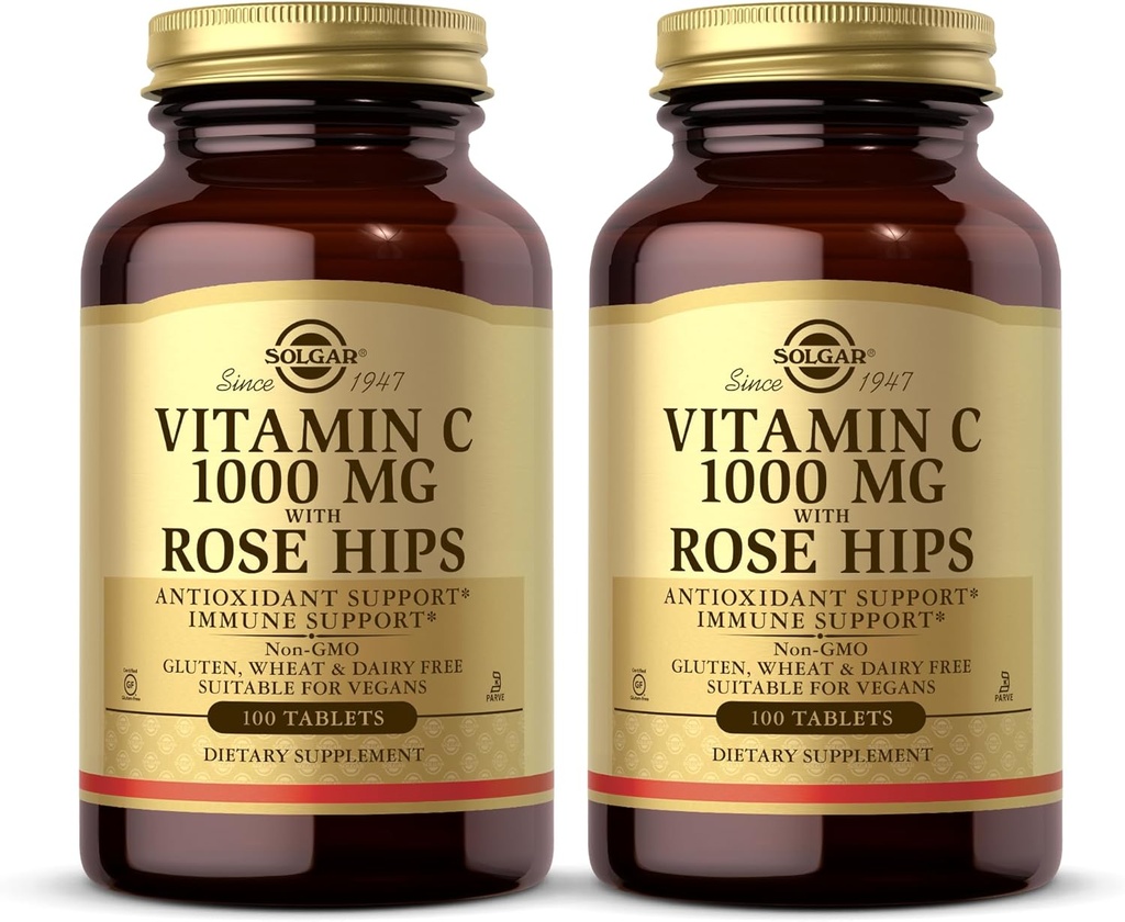 Solgar Vitamine C 1000 mg met Rose HIPS - 100 tabletten, Verpakking van 2 - Antioxidant en Immuun Ondersteuning - Non-GMO, Veganistisch, Glutenvrij, Zuivelvrij, Kosher - 200 Totaal porties