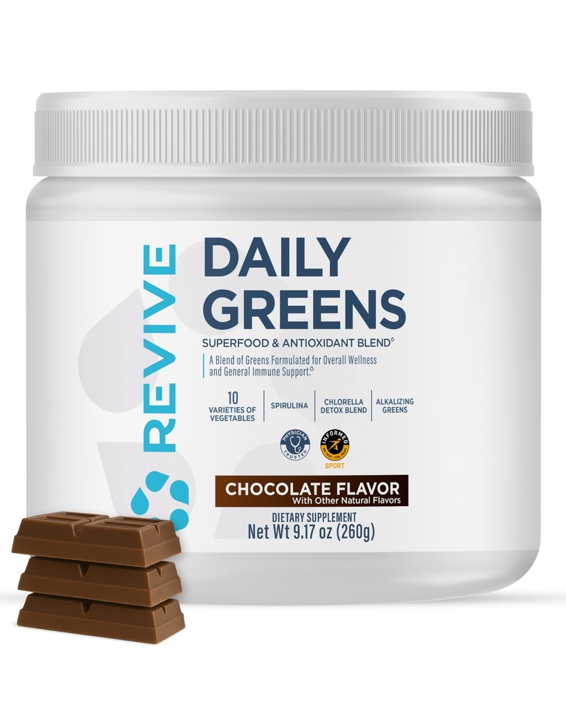 Revive MD Daily Green Powder Superfood (Chocolate) - Supergreens Poeder ter ondersteuning van energieniveaus - Groen sap dat de inname van vezels verbetert - Plantaardige ondersteunt spijsvertering en Gut Health