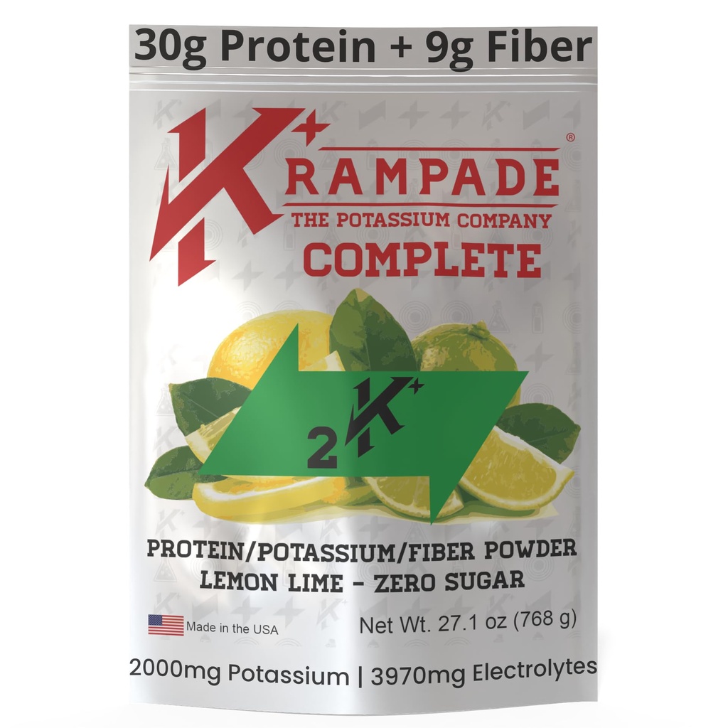 Krampade Whey Protein Isolate Fiber Electrolytes Powder | 30g Protein & 7g BCAA + 9g Fiber + 2,000mg Potassium + 50mg Magnesium, >2X More K+ Than Coconut Water, Keto Friendly, Zero Sugar Lemon Lime