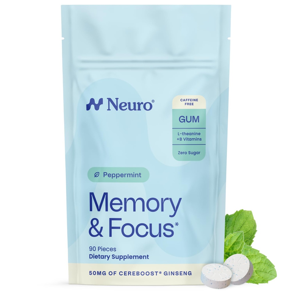 Neuro Memory & Focus Gum - Nootropic Gum with Vitamin B12, Vitamin B6, L-Theanine & Ginseng Extract - Natural Brain Support Supplement - Vegan, Cafeine & Sugar Free Chews - Peppermint, 90 ct