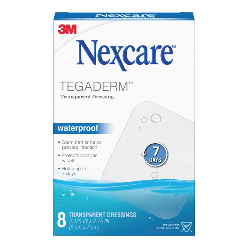 Nexcare Tegaderm Waterdichte Transparante Dressing, Vuildicht, Germproof, Biedt bescherming aan kleine brandwonden, Scrapes, Snijstukken, Blisters en Abrasies, 2.375 x 2,75 in, 8 Tellen