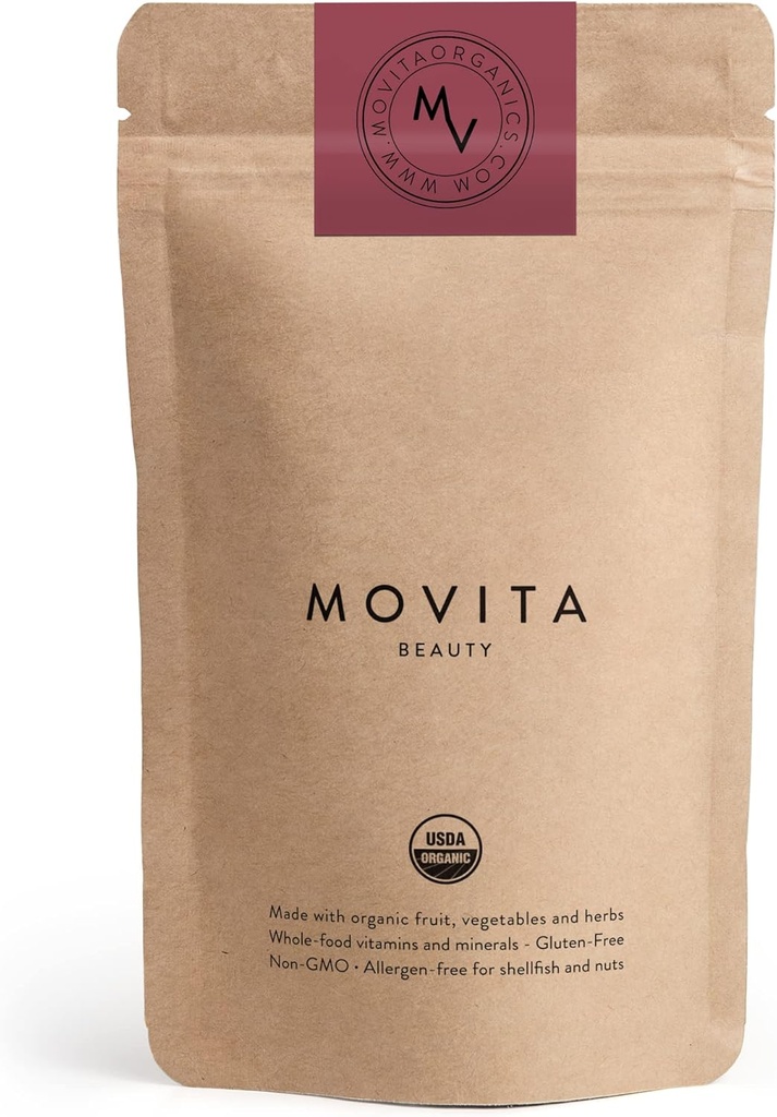Beauté Movita – Promotion des cheveux, de la peau et des ongles sains avec biotine et choline – aliments entiers fermentés, biologiques, végétaliens, sans gluten, non-OGM – 30 jours d'approvisionnement (Eco-Friendly Pouch)