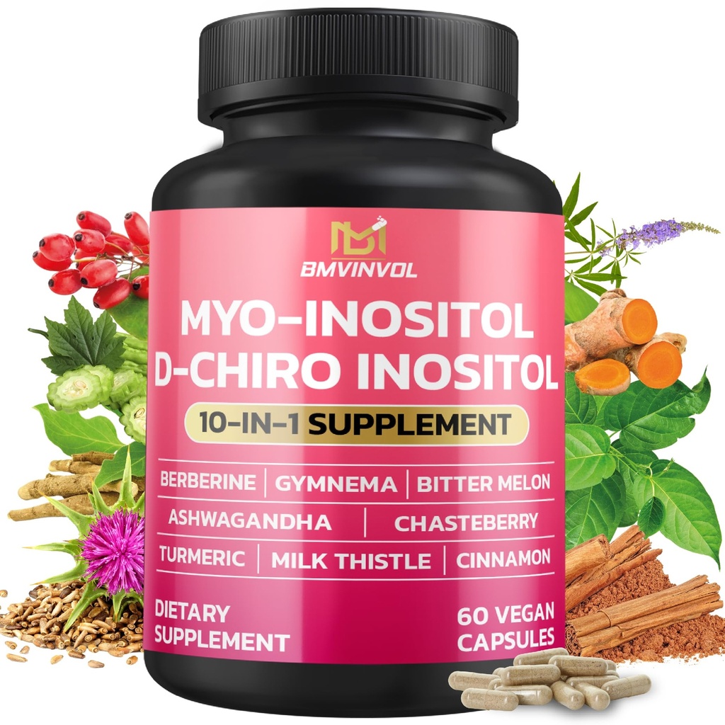 Supplément Inositol BMVINVOL - Myo-Inositol et D-Chiro Inositol Idéal rapport 40:1 - Plus Berberine, Cannelle, Ashwagandha + 5 Plus - 60 Capsules