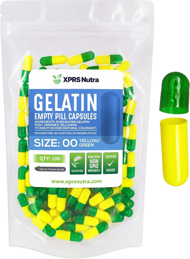 XPRS Nutra Formaat 00 Lege capsules - 100 Telle Lege Gelatine Capsules - Pillen DIY Capsule Vulling - Vulbare pil Gel Caps voor Do-It-Yourself Supplements (Groen/Geel)
