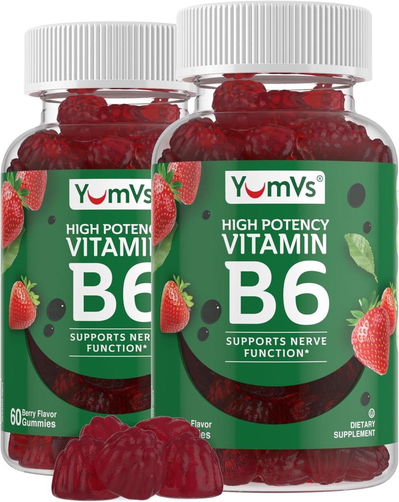 YUM-V'S Vitamine B6 Gummies - Hoge Potentie Vitamine B6 100mg - Aardbei Smaak B6 Vitaminen Gummies - Zenuw- & Immuunfunctie, Niet GGO Kosher, 60 Telling - 2 Pack