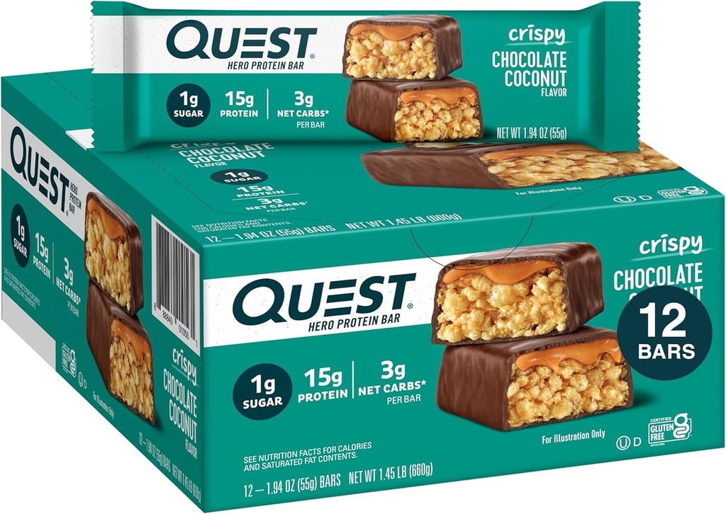 Quest Nutrition Crispy Chocolate Coconut Hero Proteine Bar, 15g Proteïne, 1g Suiker, 3g Net Carbs, Glutenvrije Proteïne Snack, Keto Vriendelijk, 12 Tellen