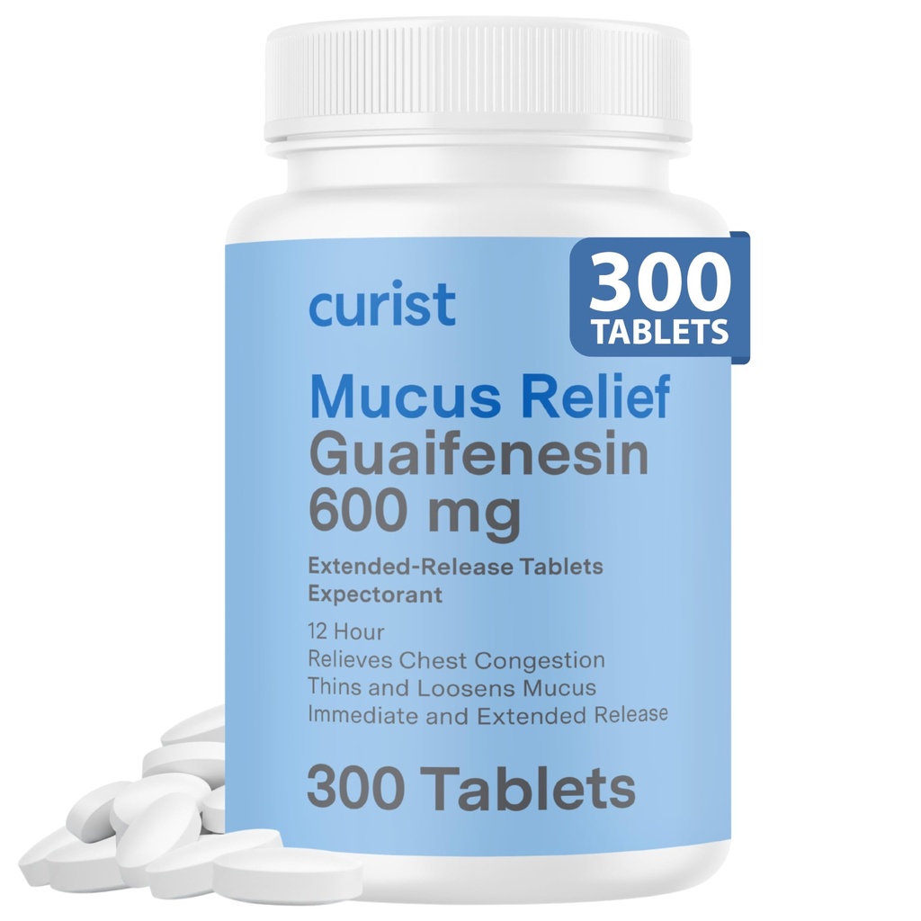 Curist Guaifenesin 600 mg Tabletten met verlengde afgifte (300 Dye-Free Tablets) - Expectorant Mucus Relief, Generic Guaifenesin 600 mg, (Bulk Pack)